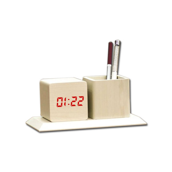 Wooden Tabletop with Digital LED Clock and tumbler (Dual power) (USB Cable included)
