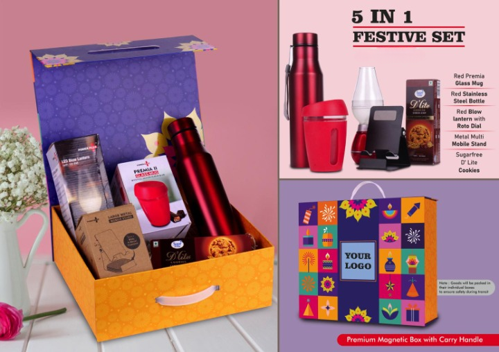 Diwali Set of 5: Glass Mug with Silicon Cover, Decorative LED Blow Lamp, Bolt SS Bottle 750Ml